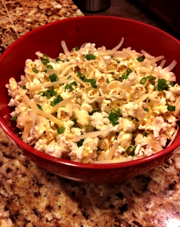 Air popped corn with Gruyere cheese, sea salt and chives